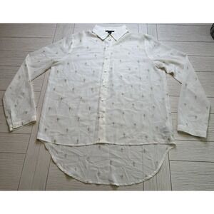 Forever 21 Retro Y2K Ivory Sheer Button Up Blouse Gold Cross Boho Whimsy Goth L